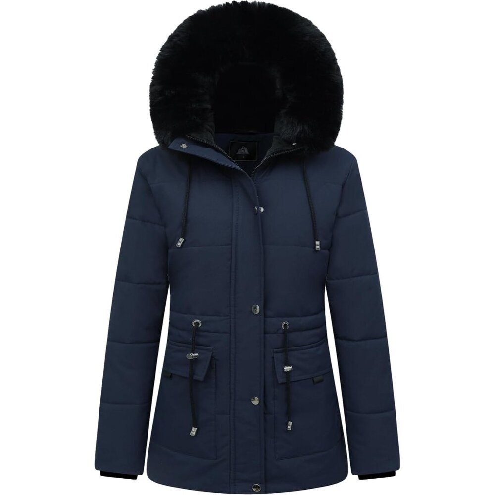 〽️Women Navy Warm Winter Puffer Coat Fleece Jacket Faux Fur Detachable Hood